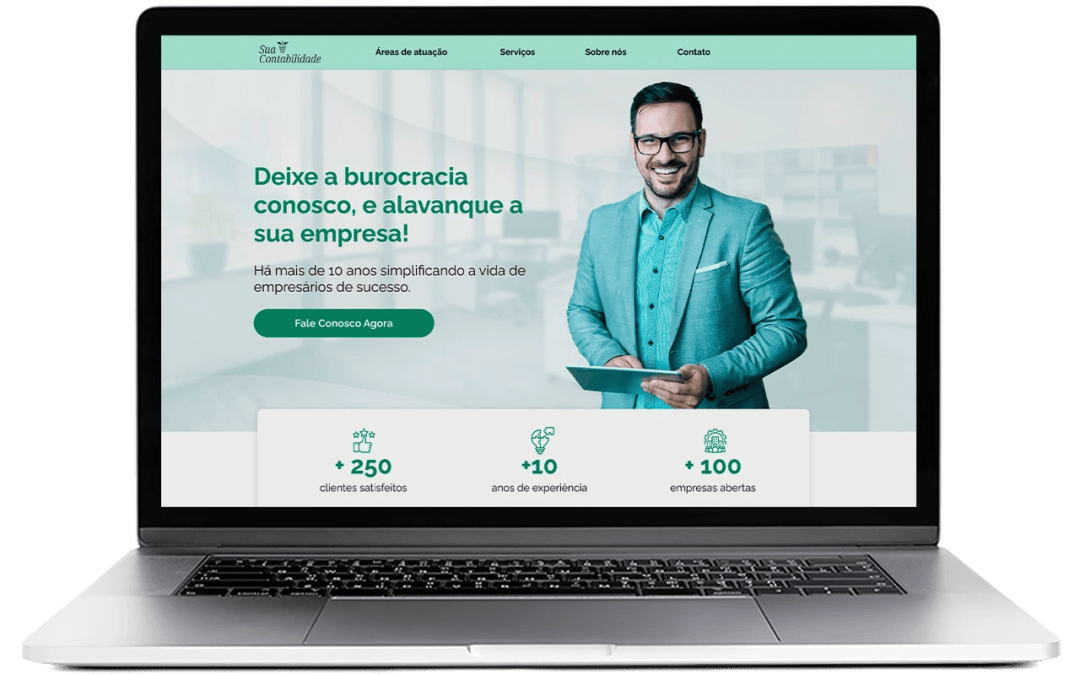 Exemplo de site institucional para escritório de contabilidade, exibido em um notebook
